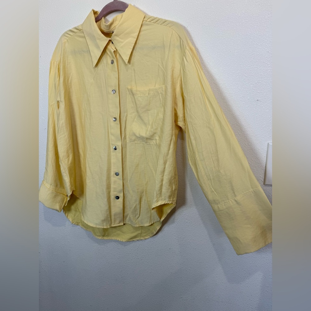 Rumours Yellow Button-Up Blouse S | Bamboo Blend Oversized Shirt Chic Minimalis - Picture 7 of 13
